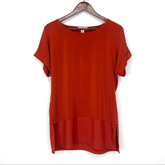 Calvin Klein Fall Red Orange Short Sleeve Crewneck Tunic Blouse Size Medium - Picture 1 of 15